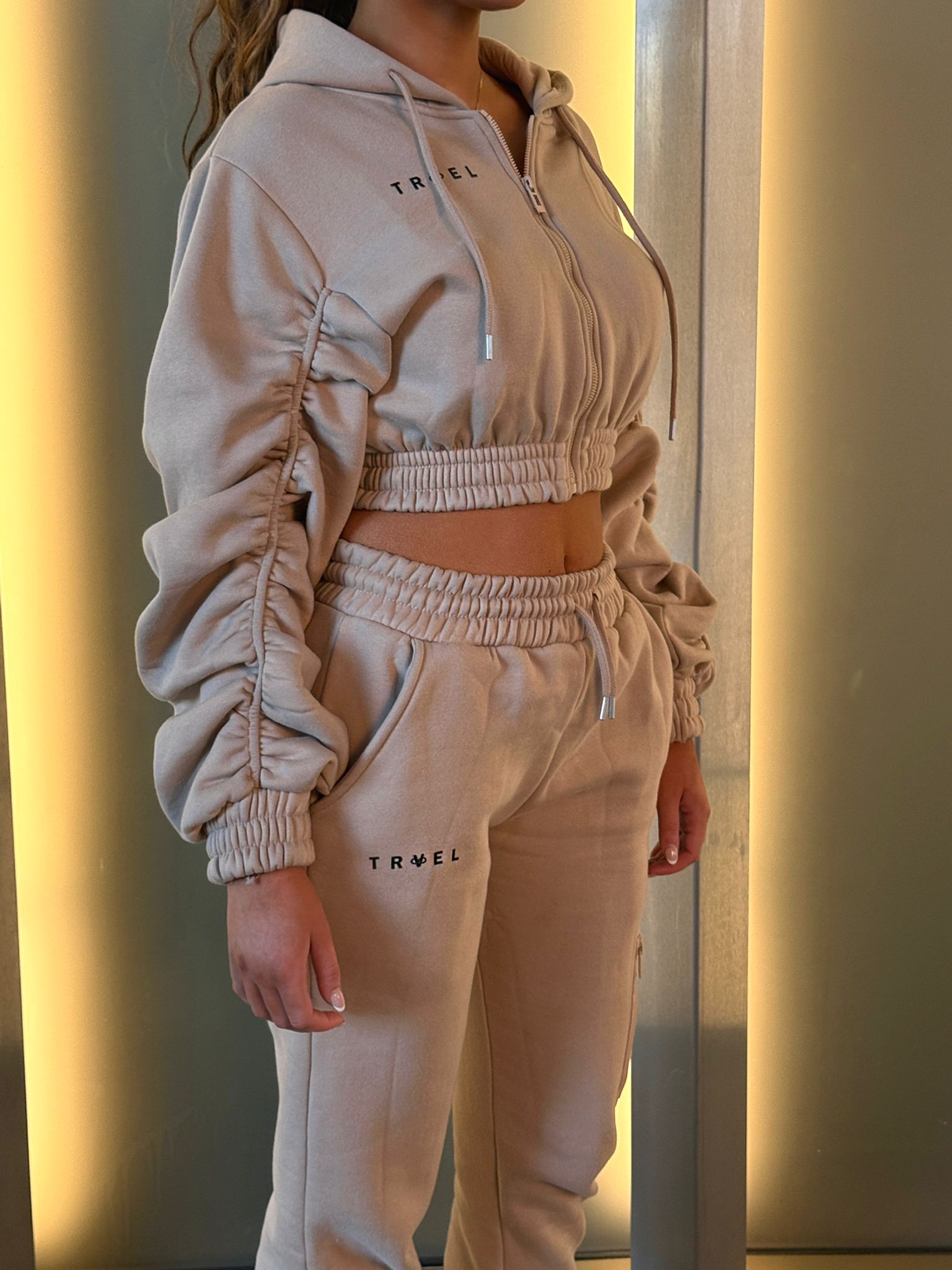 Cropped Rouche Tracksuit - BEIGE